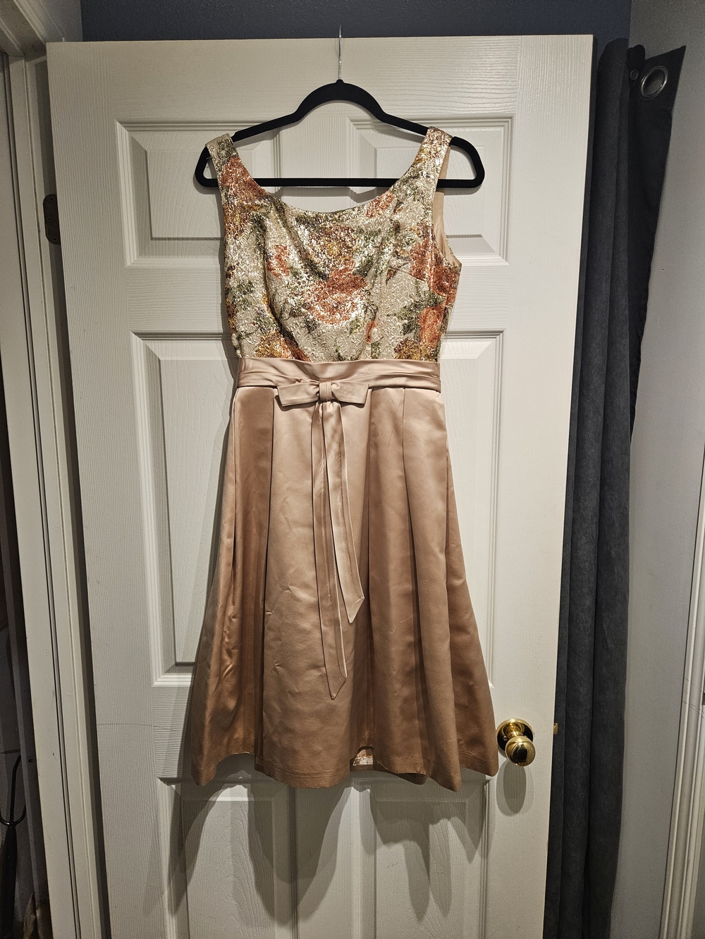 Vintage Blush Satin Skirt Dress with Metallic Floral Sequin Bodice